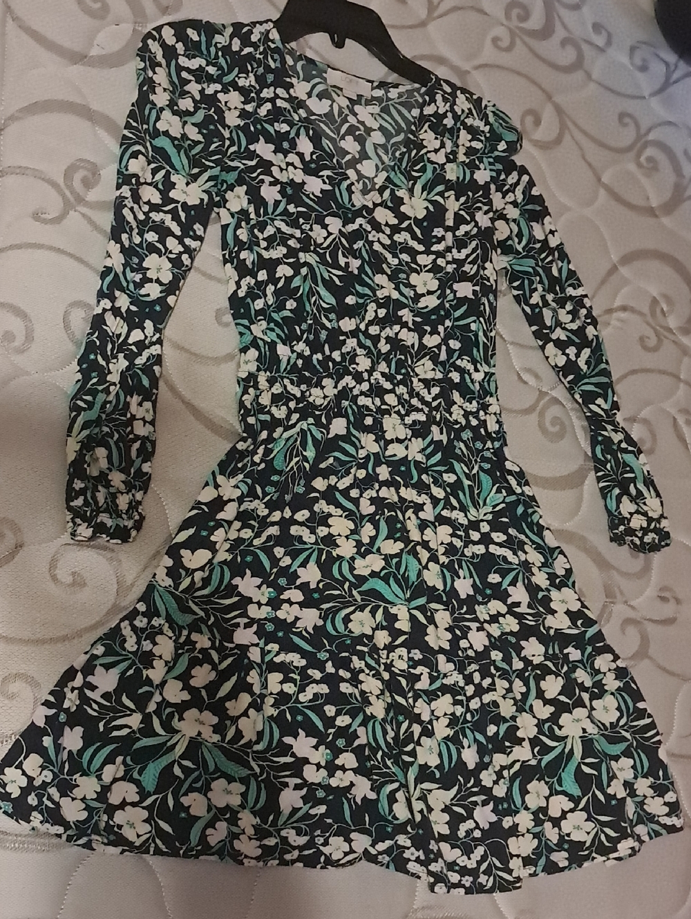 Floral Long-Sleeve V-Neck Swing Dress in Black and Teal
